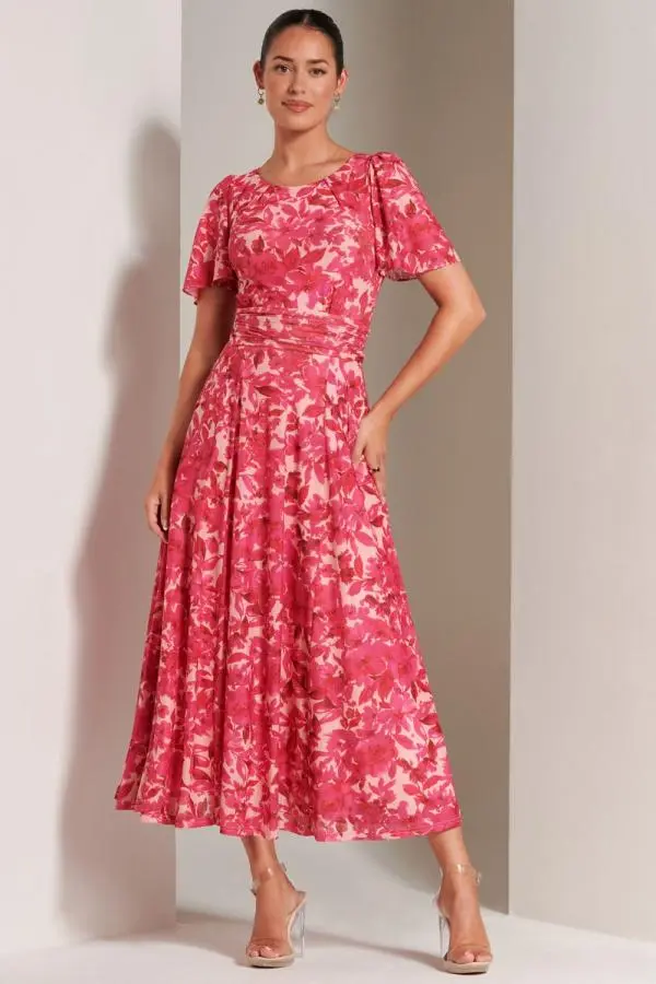 Jolie Moi Women's Elvira Print Mesh Maxi Dress in Pink 