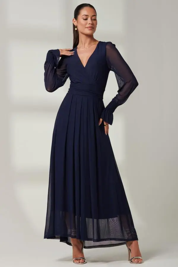 Jolie Moi Women's Greta Long Sleeve Mesh Maxi Dress in Navy | Size: 12