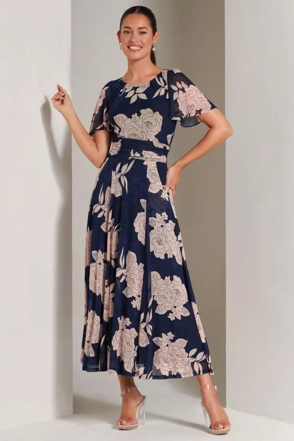 Jolie Moi Women's Paityn Angel Sleeve Mesh Maxi Dress in Navy 