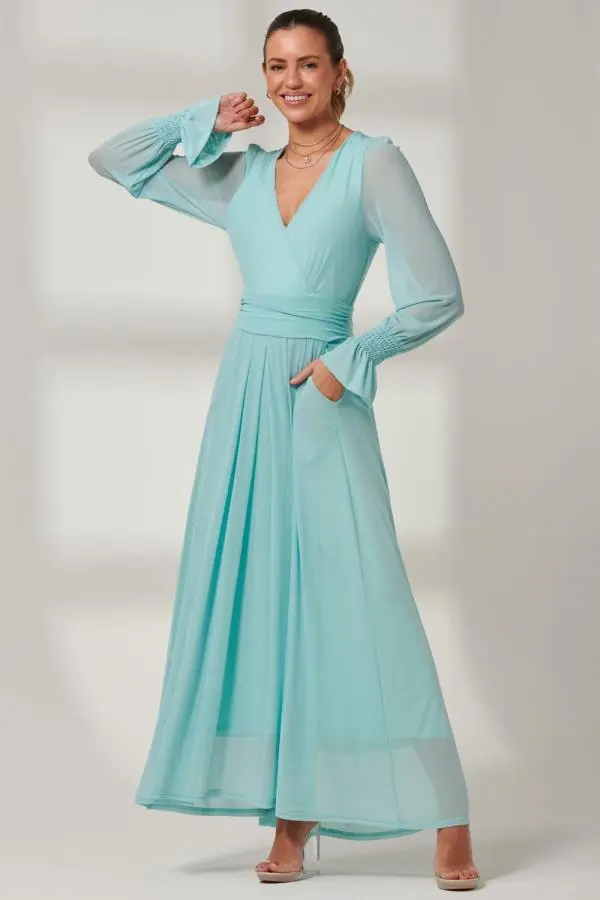 Jolie Moi Women's Greta Long Sleeve Mesh Maxi Dress in Light Green 