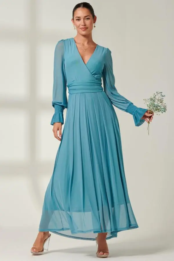Jolie Moi Women's Greta Long Sleeve Mesh Maxi Dress in Teal 