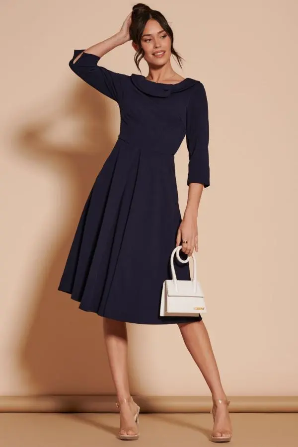 3/4 Sleeve Fold Neck Midi Dress