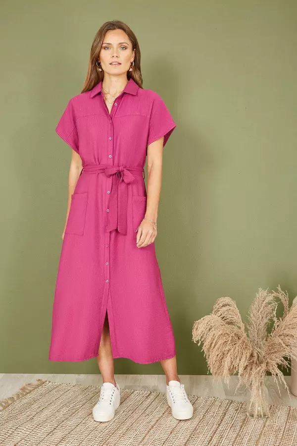 Pink Viscose Relaxed Midi Shirt Dress With Pockets