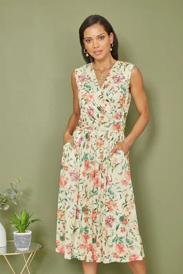 Yumi Women's Ivory Floral Print Mesh Stretch Midi Dress With Pockets 