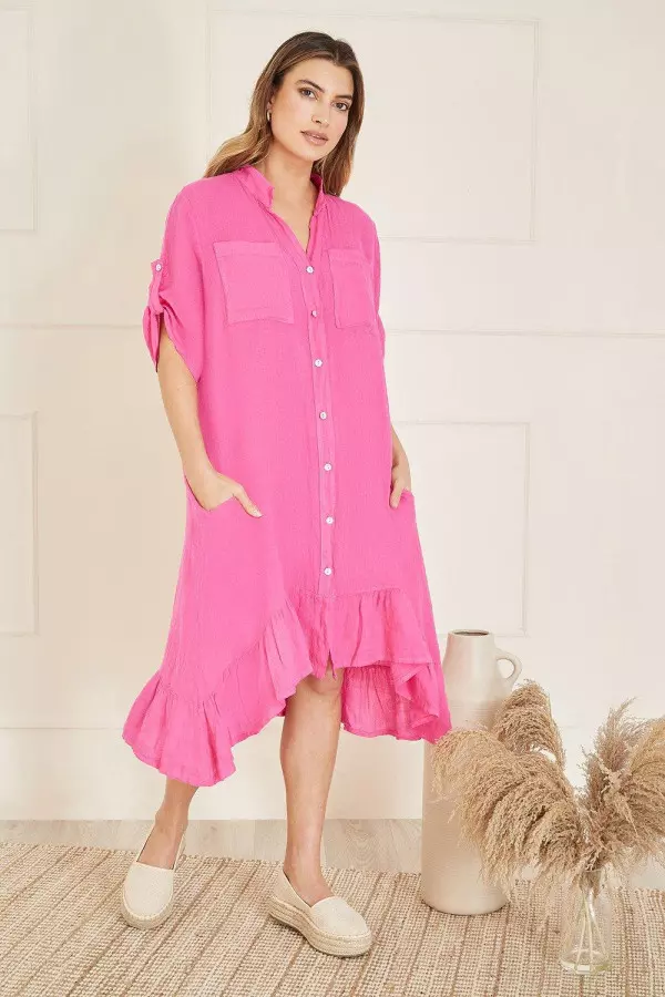 Pink Italian Linen Shirt Dress With Frill Hem
