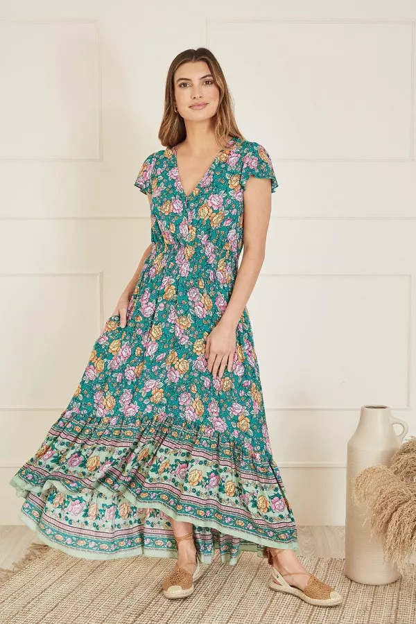 Green Festival Floral Print Ruched Waist Maxi Dress