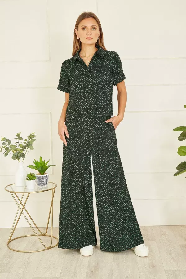 Black Ditsy Floral Print Relaxed Wide Leg Trousers