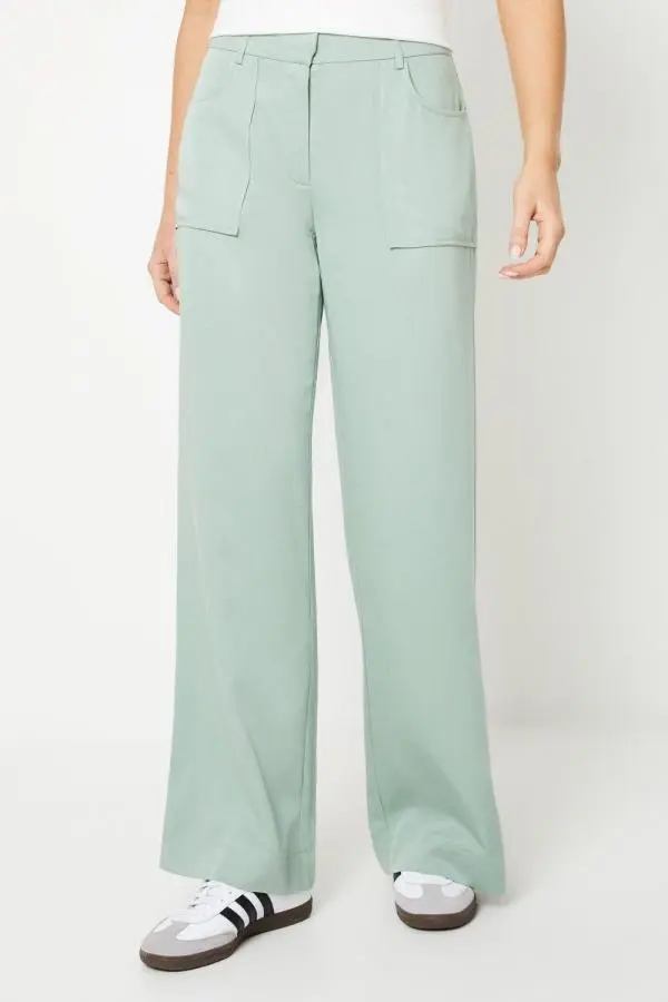 Oasis Women's Top Stitch Patch Pocket Wide Leg Trouser in Sage 