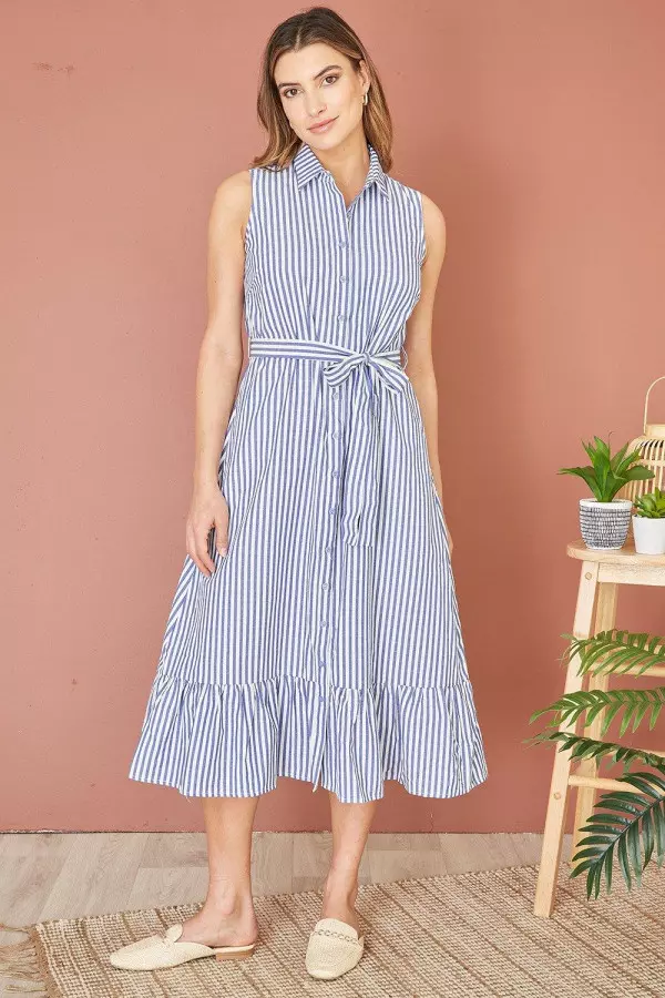 Blue Striped Sleeveless Midi Shirt Dress