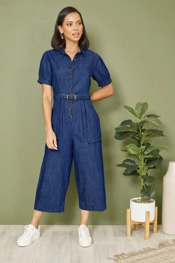 Yumi Women's Blue Cotton Chambray Button Up Jumpsuit 