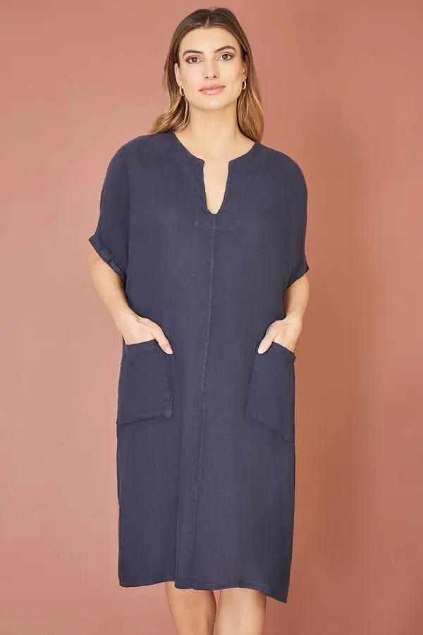Yumi Women's Navy Italian Linen Tunic With Front Pockets | Size: Small