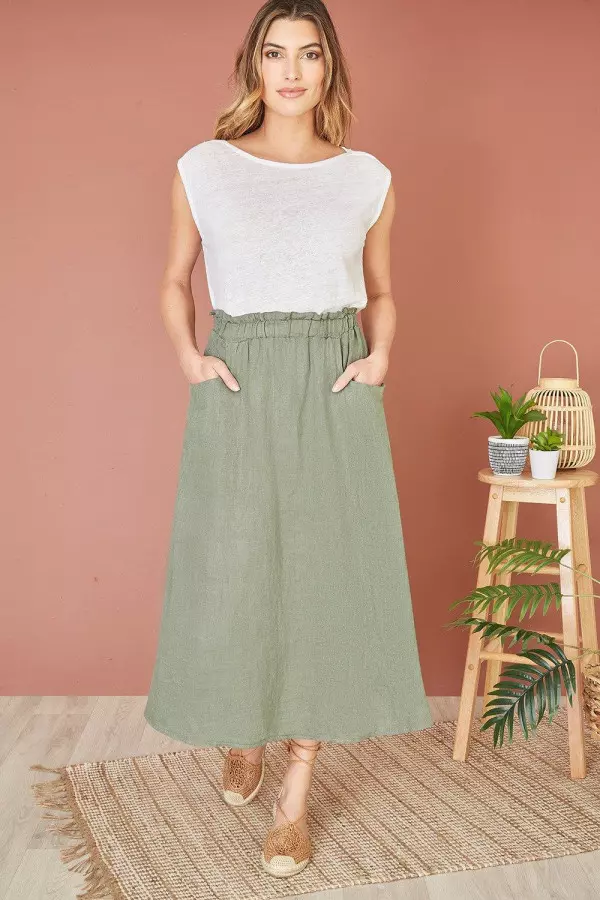 Khaki Italian Linen Midi Skirt With Pockets