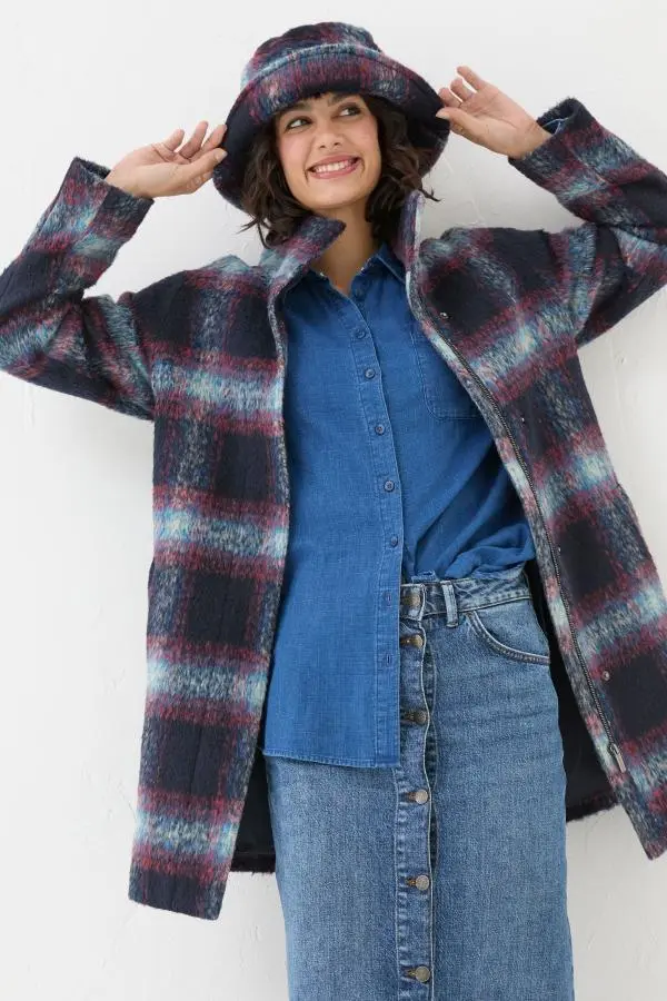 Fat Face - Freya Blue Wool Blend Check Coat
