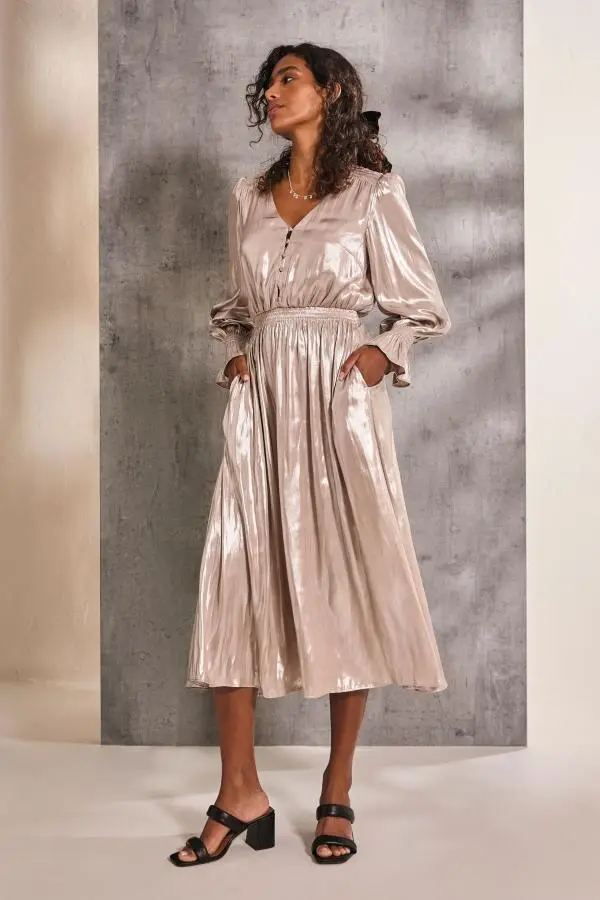 Fat Face - Gold Rina Metallic Midi Dress