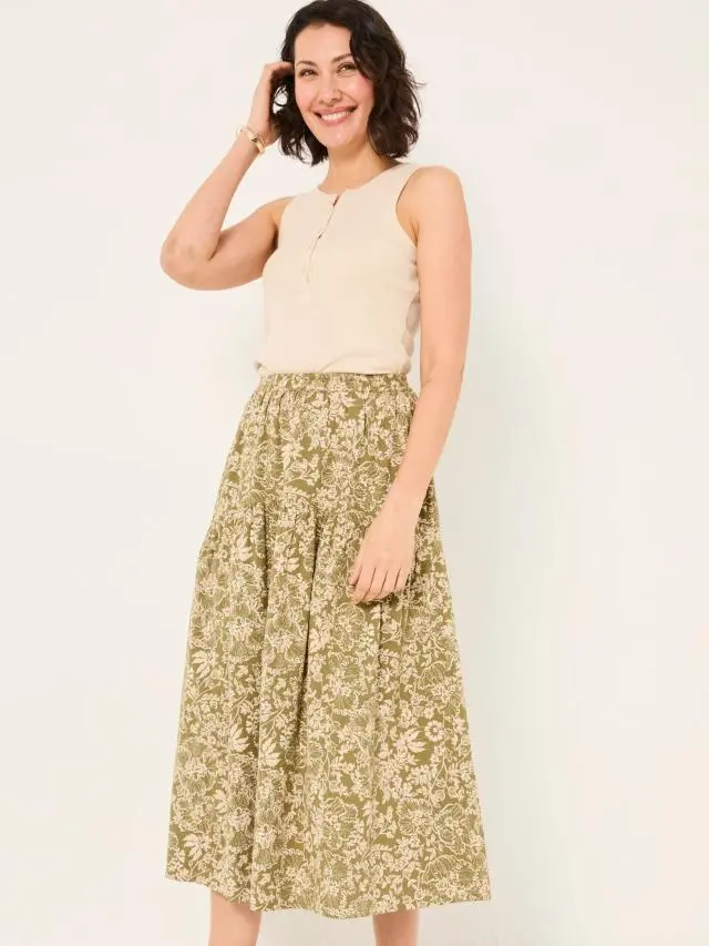FatFace Betty Khaki Green Linear Floral Midi Skirt