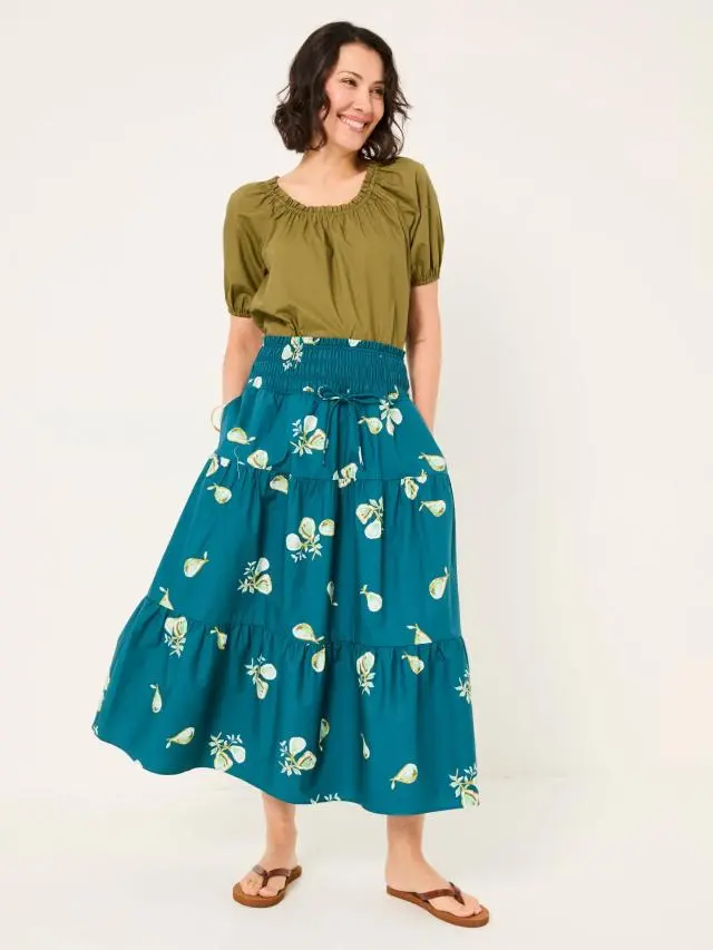 FatFace Ricky Teal Blue Figs Midi Skirt