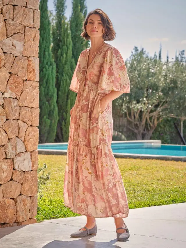 FatFace Paige Pink Layered Floral Embroidered Midi Dress