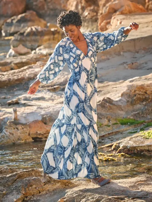 FatFace Noelle Indigo Blue Water Leaf Maxi Dress