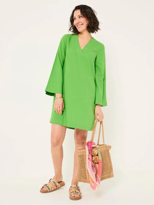 FatFace Mid Green Linen Kaftan Dress