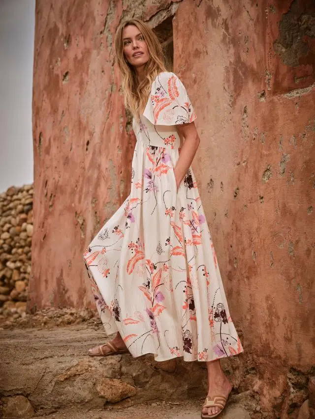 FatFace Marlowe Ivory Gathered Sleeve Printed Dress