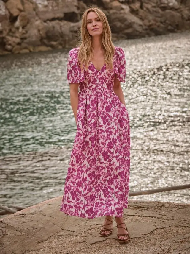 FatFace Marlowe Purple Gathered Sleeve Printed Dress