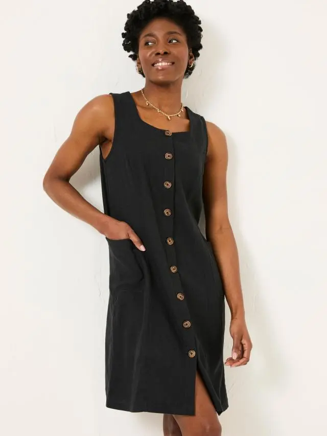 FatFace Binny Black Button Linen Dress