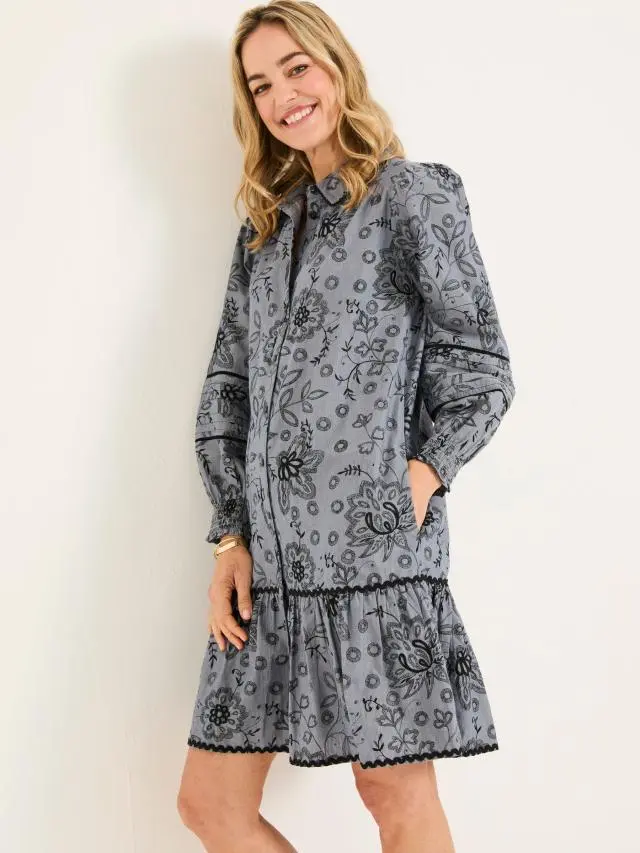 FatFace Kitty Chambray Blue Embroidered Dress