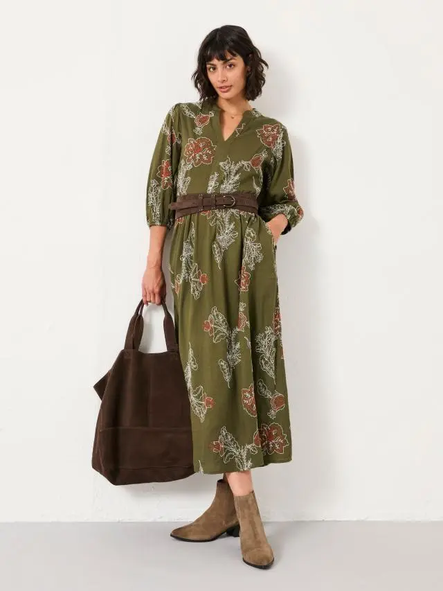 FatFace Vivienne Olive Green Regular Embroidered Midi Dress