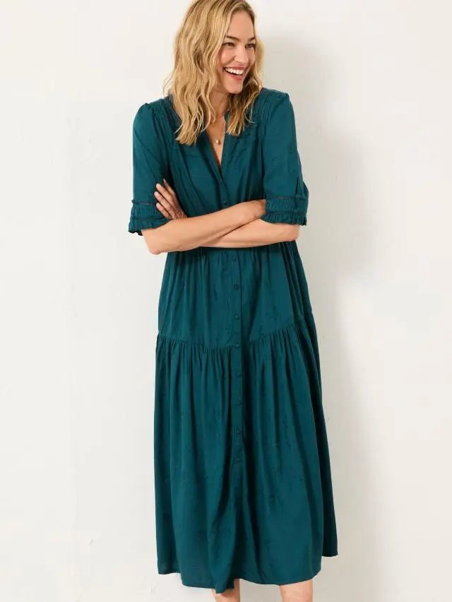 FatFace Elsie Dark Teal Regular Embroidered Midi Dress