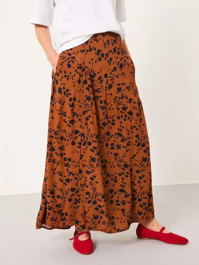 FatFace Skye Tan Brown Animal Spot Midi Skirt