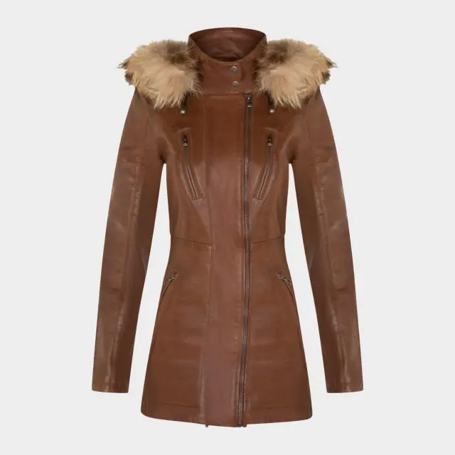 Infinity Leather Women's Slim Fit Leather Hooded Leather Parka Jacket, Tan