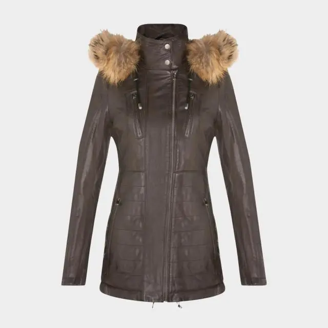 Infinity Leather Women's Slim Fit Leather Hooded Leather Parka Jacket, Brown