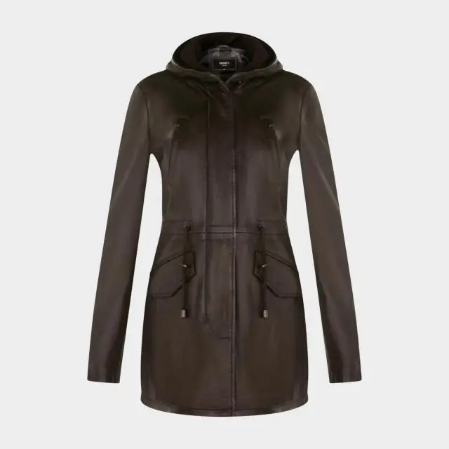 Infinity Leather Women's Mid Length Hooded Leather Parka Jacket, Brown