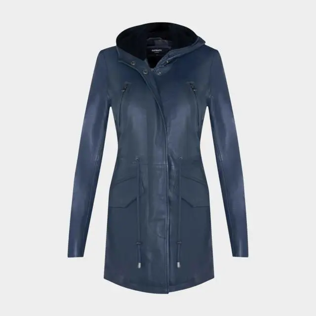 Infinity Leather Women's Mid Length Hooded Leather Parka Jacket, Navy