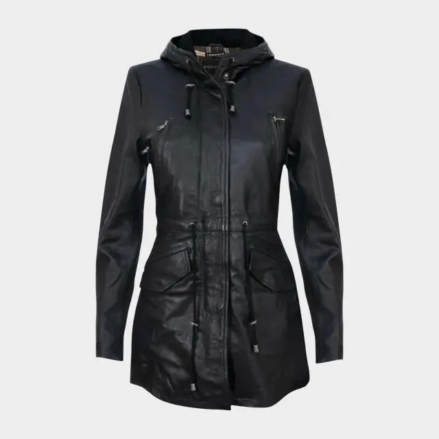 Infinity Leather Women's Mid Length Hooded Leather Parka Jacket, Black