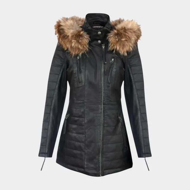 Infinity Leather Women's Slim Fit Leather Hooded Leather Parka Jacket, Black