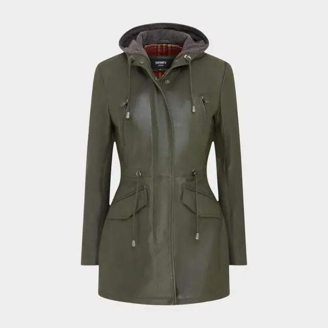 Infinity Leather Women's Mid Length Hooded Leather Parka Jacket, Green