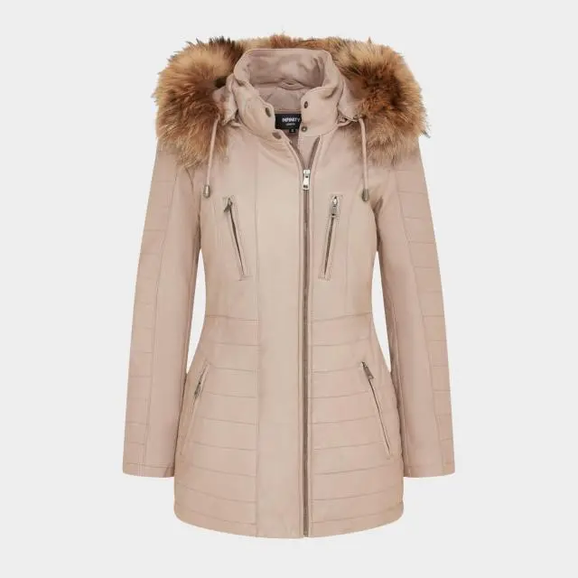 Infinity Leather Women's Slim Fit Leather Hooded Leather Parka Jacket, Beige