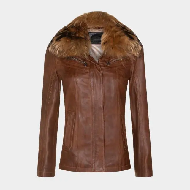 Infinity Leather Women's Winter Slim Fit Leather Parker Jacket, Tan