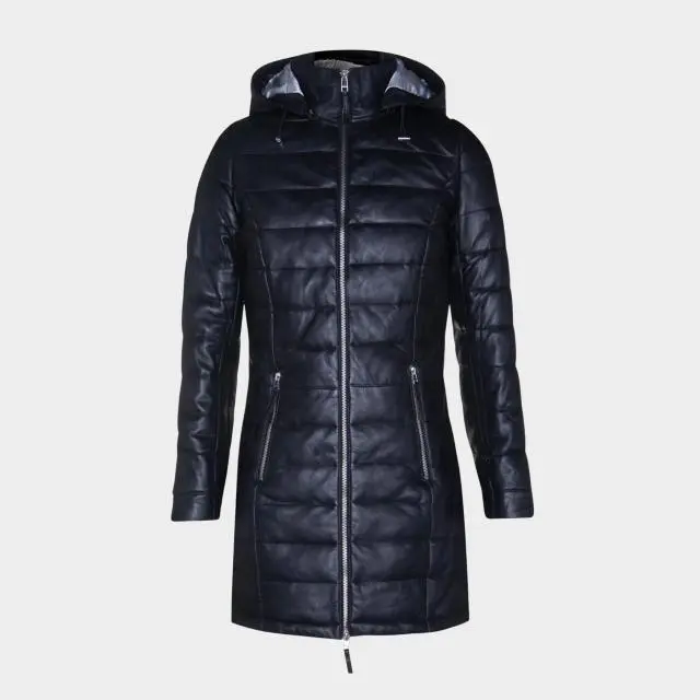 Infinity Leather Women's Hooded Leather Puffer Parka Jacket, Black