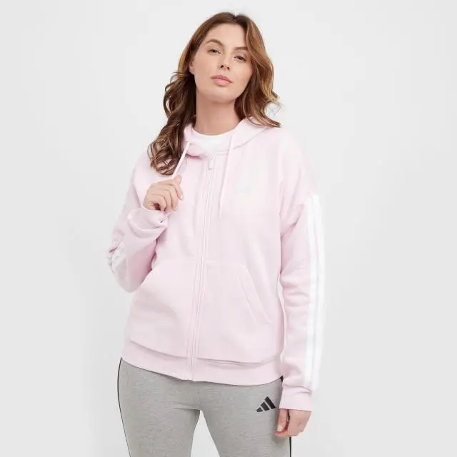 adidas Women's Essentials 3-Stripes Full-Zip Fleece Hoodie, Clear Pink / White