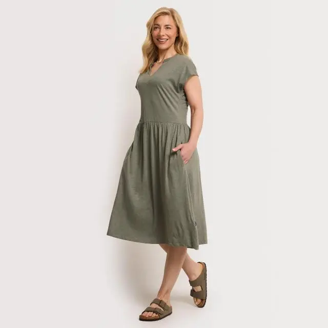 WEIRD FISH Women's Lilly Plain Jersey Notch Neck Dress, Woodland Sage
