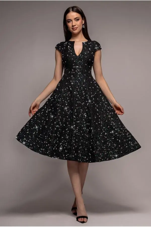 Bead Embellished Jacquard A Line Midi Dress - Black by Goddiva