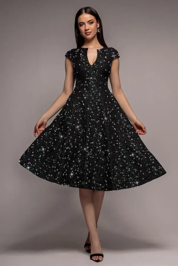 Bead Embellished Jacquard A Line Midi Dress - Black by Goddiva