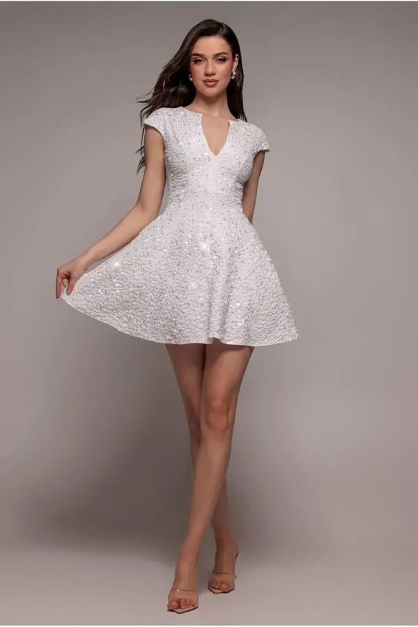 Bead Embellished Jacquard Skater Mini Dress - White by Goddiva