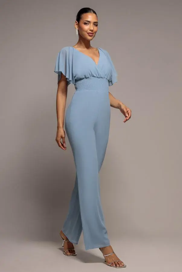Chiffon Jumpsuit With Flutter Sleeves - Blue by Goddiva