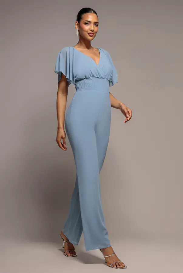 Chiffon Jumpsuit With Flutter Sleeves - Blue by Goddiva