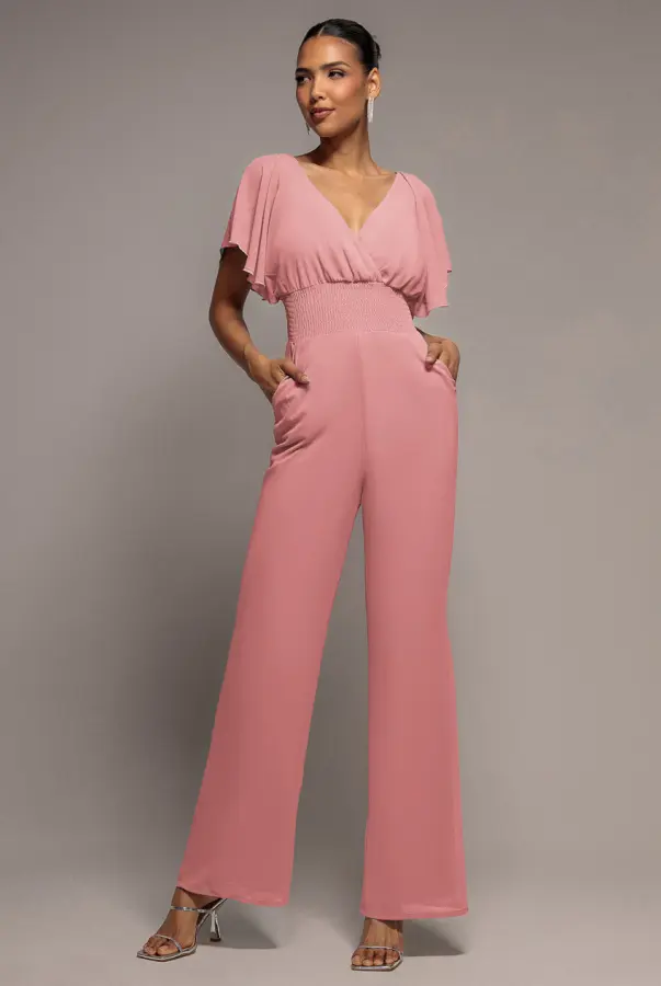 Chiffon Jumpsuit With Flutter Sleeves - Blush by Goddiva