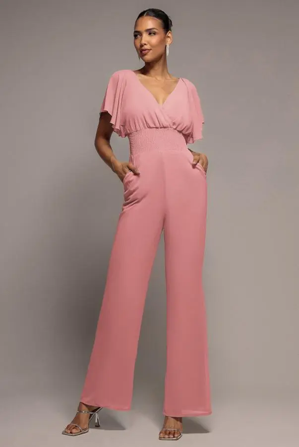Chiffon Jumpsuit With Flutter Sleeves - Blush by Goddiva
