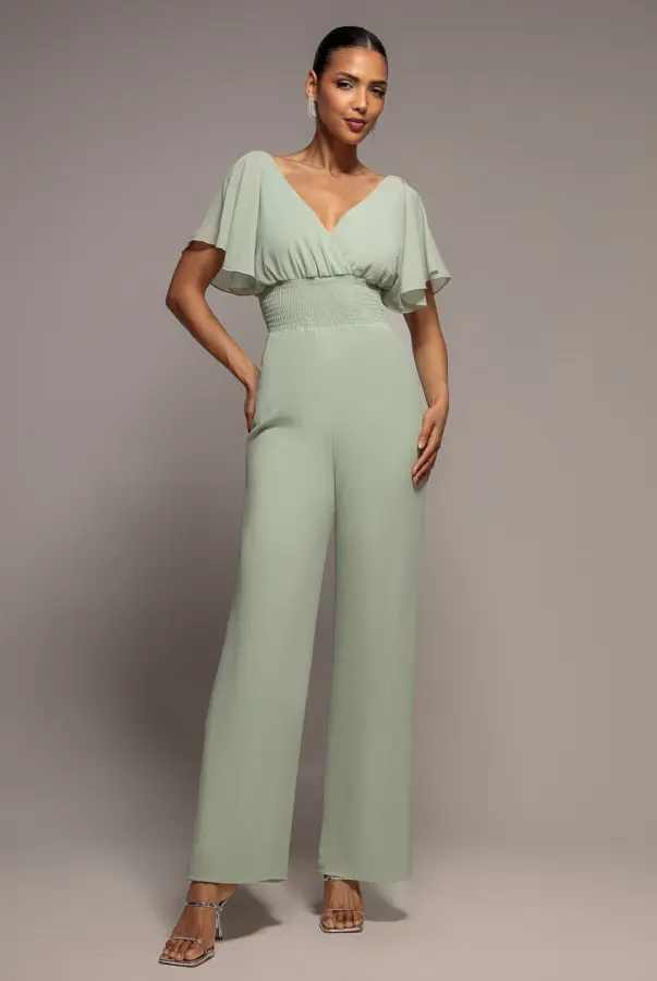 Chiffon Jumpsuit With Flutter Sleeves - Sage Green by Goddiva